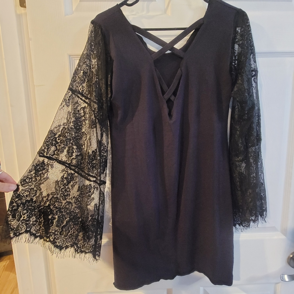 Threaded Intention Organic Black lace bell sleeve dress